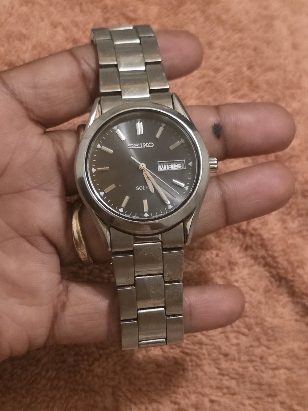 Seiko Men's Solar V158-0AB0 Stainless Steel Watch - Silver with Black Dial